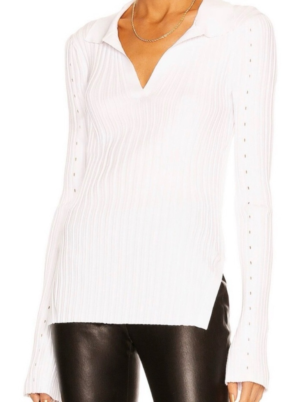 Helmut Lang Slash Polo Collared Rib Knit Long Sleeve Top Small White Chic Clean